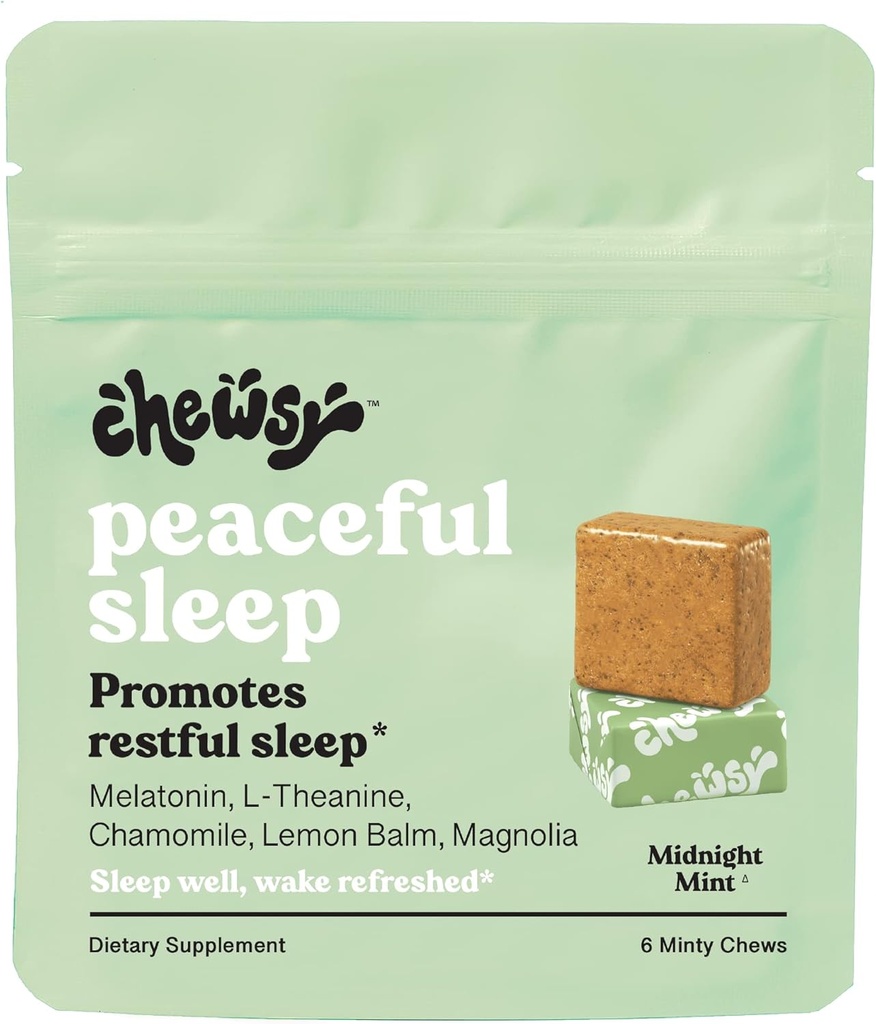 Chewsy Peaceful Sleep Chews, Sleep Support, 3 mg μελατονίνη, 200 MGS L-Θεανίνη, Χαμομήλι, Λεμόνι Balm, Magnolia, Νυχτερινή Βοήθεια Ύπνου, Φυσικά Minty Chews, Προάγει τον ξεκούραστο ύπνο, 6 -Day Supply (1)