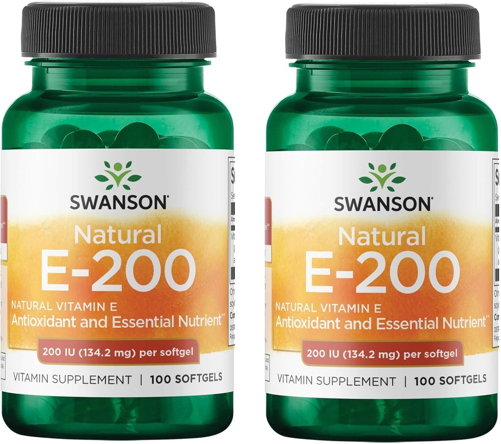 Swanson Natural Vitamin E - Φυσικό συμπλήρωμα που υποστηρίζει την υγεία της καρδιάς & την προστασία των ιστών - Βασικό θρεπτικό υλικό Προώθηση της συνολικής υγείας & ευεξίας - (100 Softgels, 200IU έκαστος) (2 Pack)