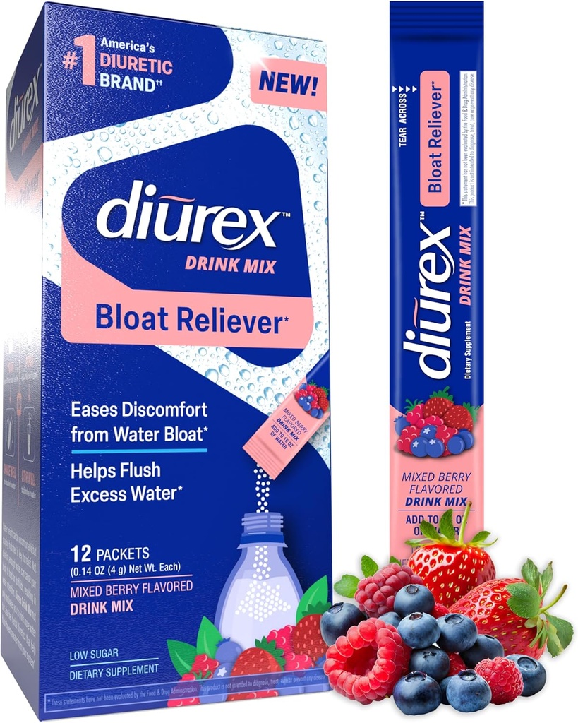 Diurex Drink Mix - Diuretic Supplement - Mixed Berry Flavor - Bloat Relief with Diurex Proprietary Bloat-Reliefing Blend - Single Servet - 12 Pack