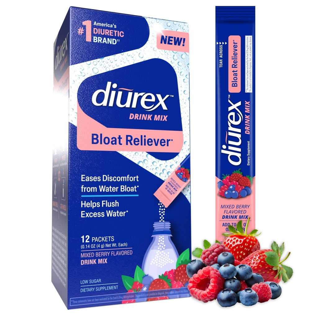 Diurex Drink Mix - Diuretic Supplement - Mixed Berry Flavor - Bloat Relief with Diurex Proprietary Bloat-Reliefing Blend - Single Servet - 12 Pack