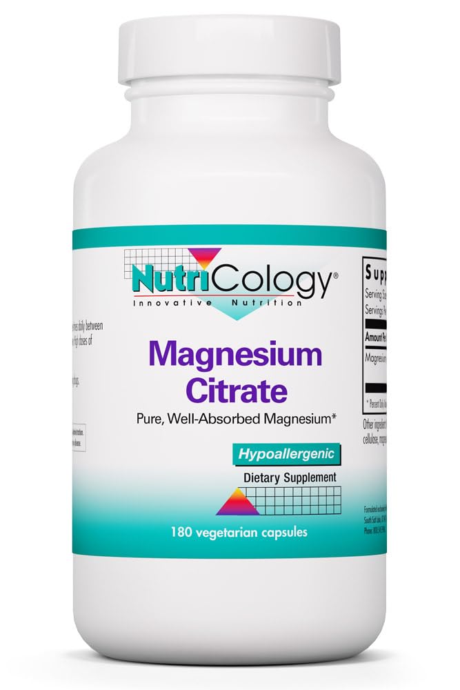 Nutricology Magnesium Citrate Dietary Supplement - Υποστήριξη οστών & στρες, Απορροφημένο, Hypoallergenic, Χορτοφαγικές κάψουλες, Χωρίς γλουτένη - 180 κόμης