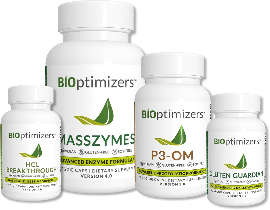 BiOptimizers - Essential Digestive Enzymes Bundle - P3-OM - Gluten Guardian - MassZymes - HCL Breakthrough - Doctor-Formulated - 360 Κάψουλες