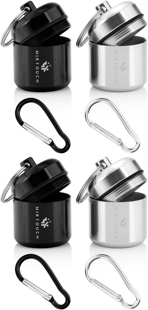 Portable Keychain Pill Holder Case for Round Glucose Tablets & Critical Medicine - Discreet Waterproof Key Chain Pill Container Carrier with Strong Carabiners - Aluminum Alloy Pill Fob Box - 4 Pack