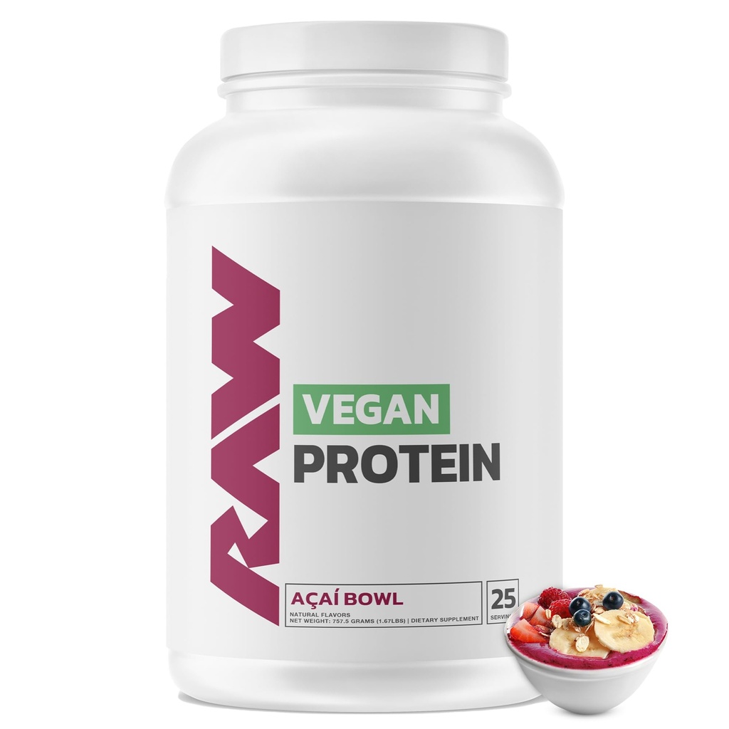 RAW Vegan Protein Powder, Acai Bowl - 20g Φυτοβαθμισμένης Πρωτεϊνικής Σκόνης & Ενισχυμένη με Βιταμίνες για την ανάπτυξη των μυών & την αποκατάσταση - Χαμηλό λίπος, χαμηλή υδατανθράκων, φυσικά αρωματισμένα & γλυκά - 25 Σερβιέτες
