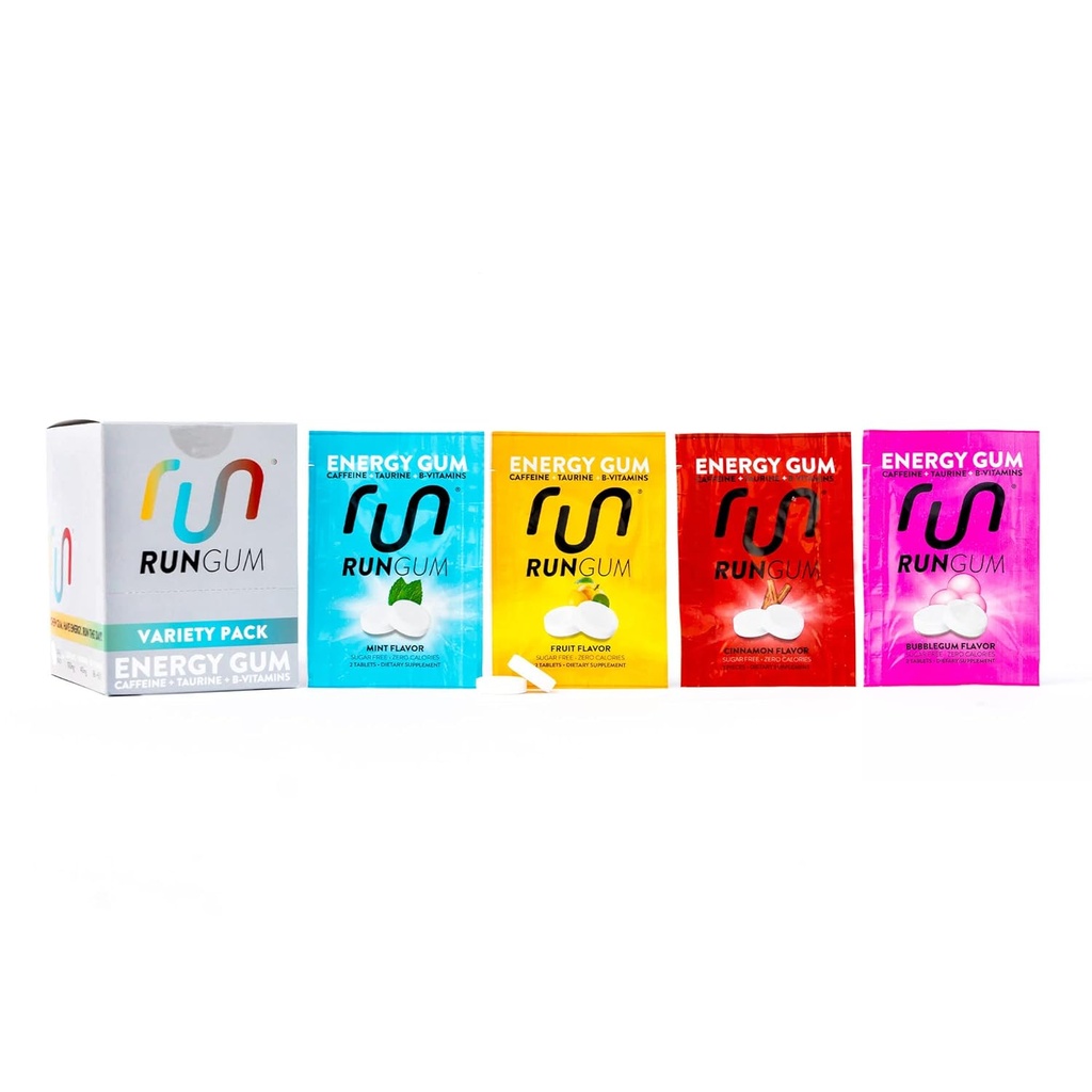 RUN GUM Variety PackEnergy Chewing Gum 50mg καφεΐνη Ταυρίνη & B-βιταμίνες ανά κομμάτι, 24 κομμάτια (πακέτο των 12) Χωρίς ζάχαρη, μηδενική θερμίδα, χωρίς ασπαρτάμη και χωρίς γλουτένη