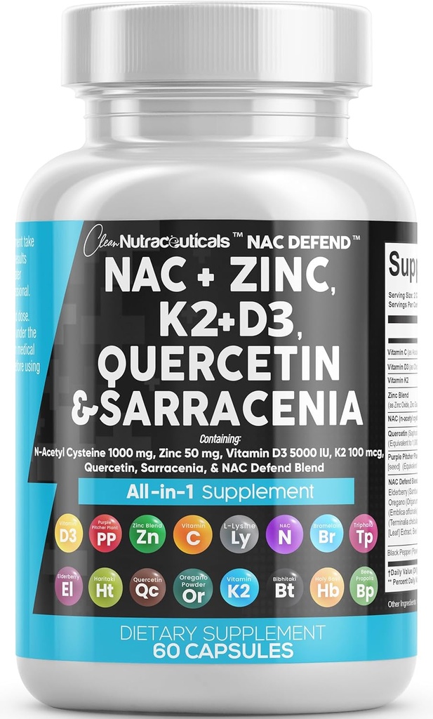 Συμπλήρωμα NAC N-Acetyl Cysteine Βιταμίνη D3 K2 Ψευδάργυρος Quercetin Sarracenia Purpurea Ανοσολογική Υποστήριξη 