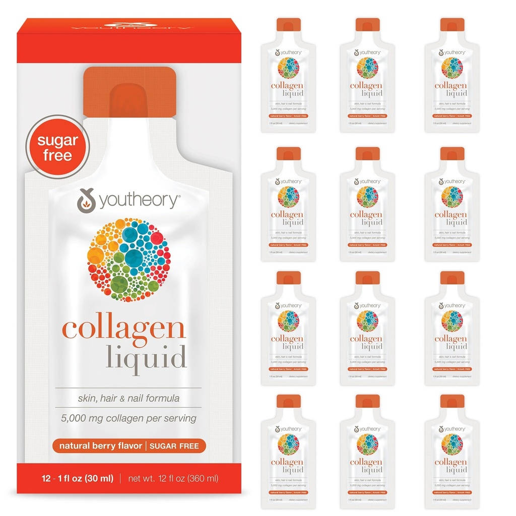 Youtheory Collagen Liquid - 5.000 mg - για την ανάπτυξη των μαλλιών, το δέρμα και τα νύχια* - Υποστηρίζει αρθρώσεις, οστά και μυική υγεία* - με Αμινοξέα - Berry Flavor - 12 Single Service Packets (12-Day Supply)