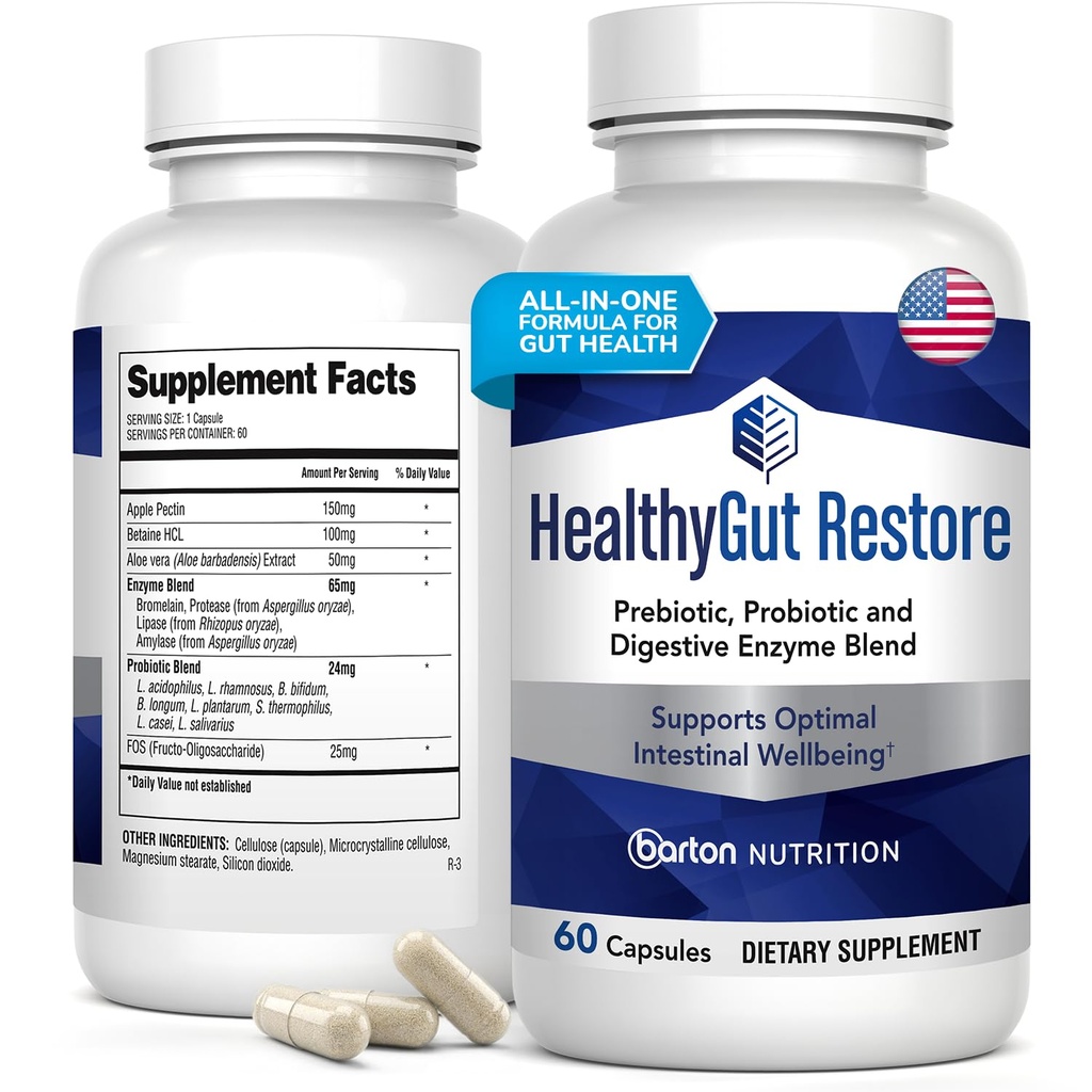 HealthyGutSupport+ - Υγεία και ασυλία Υποστήριξη με προβιοτικά, προβιοτικά και ανθεκτικά ένζυμα για την πέψη και την απορρόφηση - 60 κάψουλες υγείας γιατρών-Σχηματισμένες στομάχου