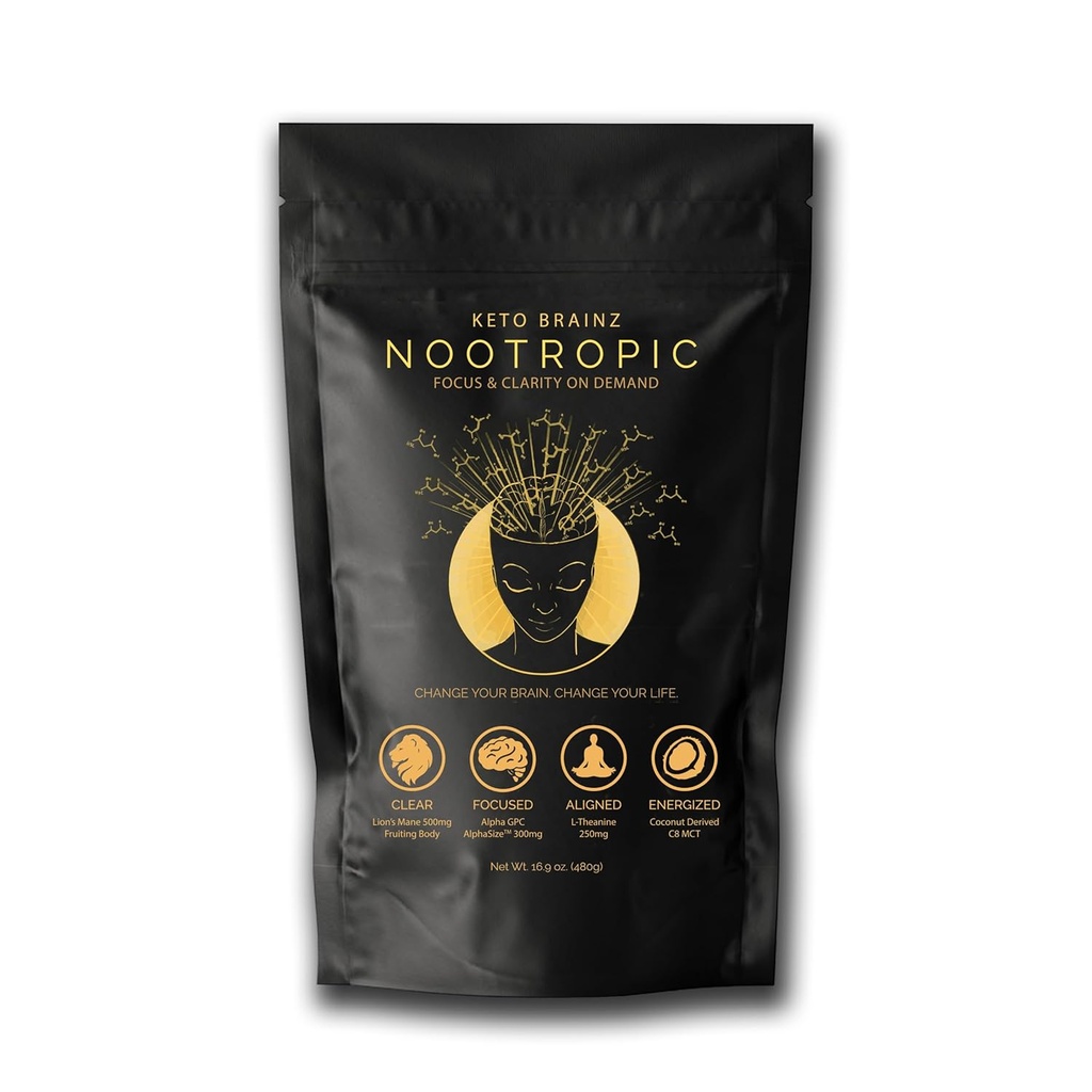 Κέτο Μπρέινζ C8MCT Nootropic - με 500mg Mane Mushroom, AlphaGPC & L-Theanine Αυτό είναι το Ultimate Easy to use nootropic Stack & Makes Delicious Mushroom Coffee! 16oz. 30 Υπηρεσίες