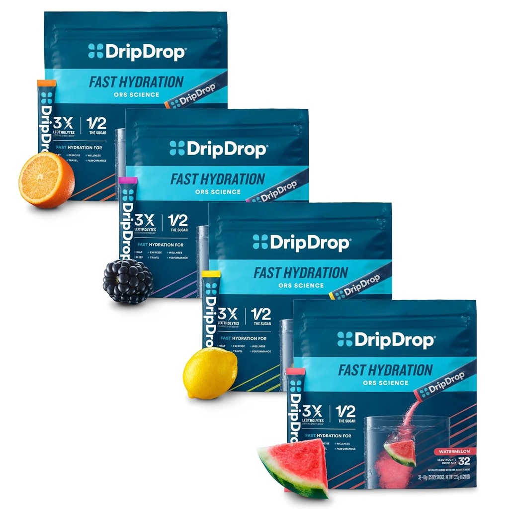 DripDrop Hydration - Ηλεκτρολυτές Powder Packets - Καρπούζι, Μπέρι, Λεμόνι, Πορτοκαλί - Value Variety Bundle - 128 Count
