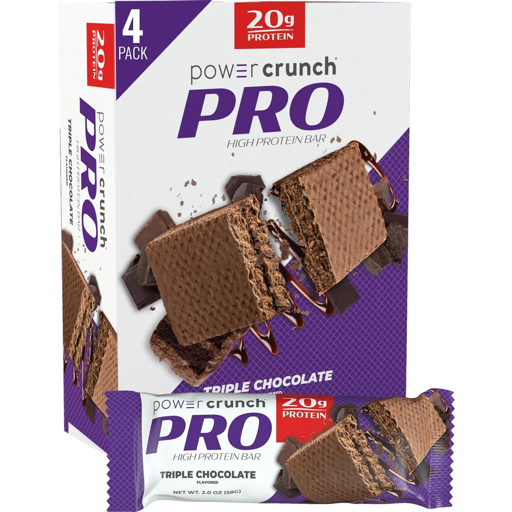 Power Crunch PRO Wafer Protein Bars, Υψηλής πρωτεΐνης σνακ με γευστική γεύση, τριπλή σοκολάτα, 2.0 ουγγιά (4 κόμης)