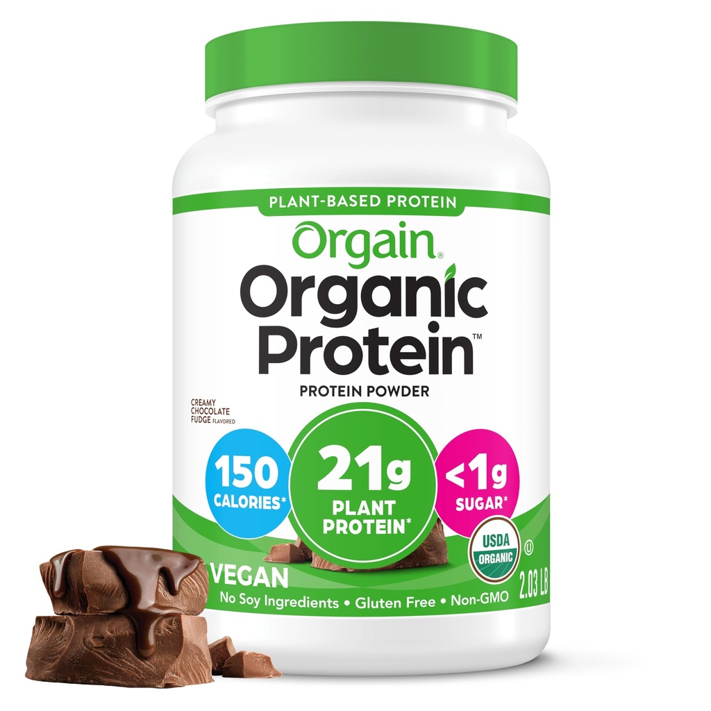 Orgain Organic Vegan Protein Powder, Creamy Chocolate Fudge - 21g Πρωτεΐνη Φυτών, 6g Προβιοτικές Ίνες, Χαμηλό Καθαρό Καρβίδιο, Όχι Συστατικά Λακτόζης, Δεν Προστέθηκε Ζάχαρη, Μη-ΓΤΟ, Για Ανακινήσεις & Smoothies, 2,03 lb