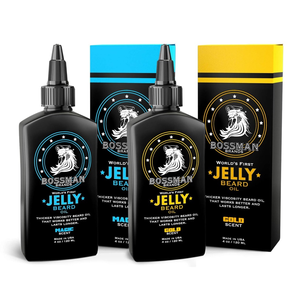 Bossman Beard Oil Jelly Kit (2 Scents) - Γενετικό Αποσκληρυντής Ανάπτυξης, Moisturizer Lotion Gel με φυσικά συστατικά - Γενετικά Καλλιεργητικό Προϊόν (Magic & Gold Scents)