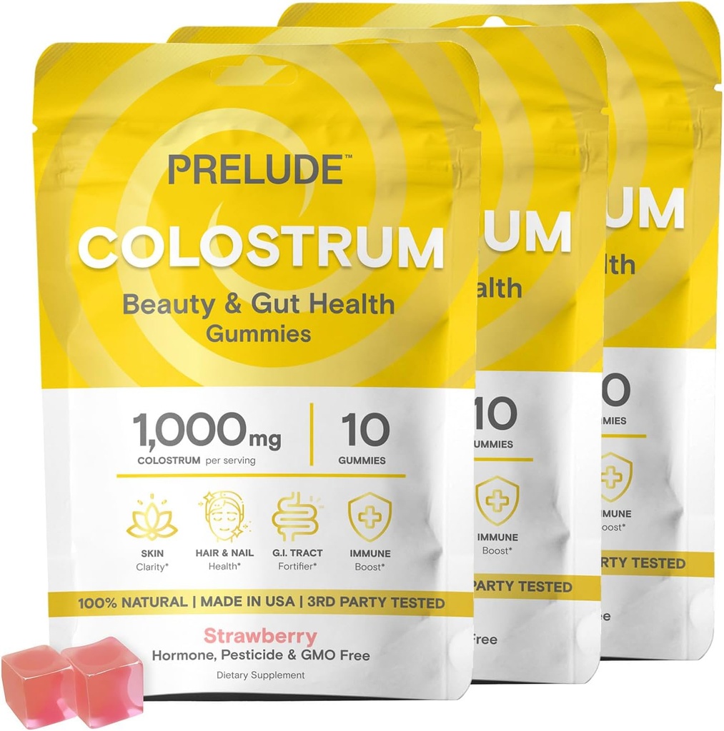 Prelude Bovine Colostrum Chews for Gut Health, Bloating & Beauty for Women & Men - Grassfed Colostrum Gummies for Digestive Health Ανοσία & Συνολική Ευεξία - 10 Count Strawberry Milkshake 3pk