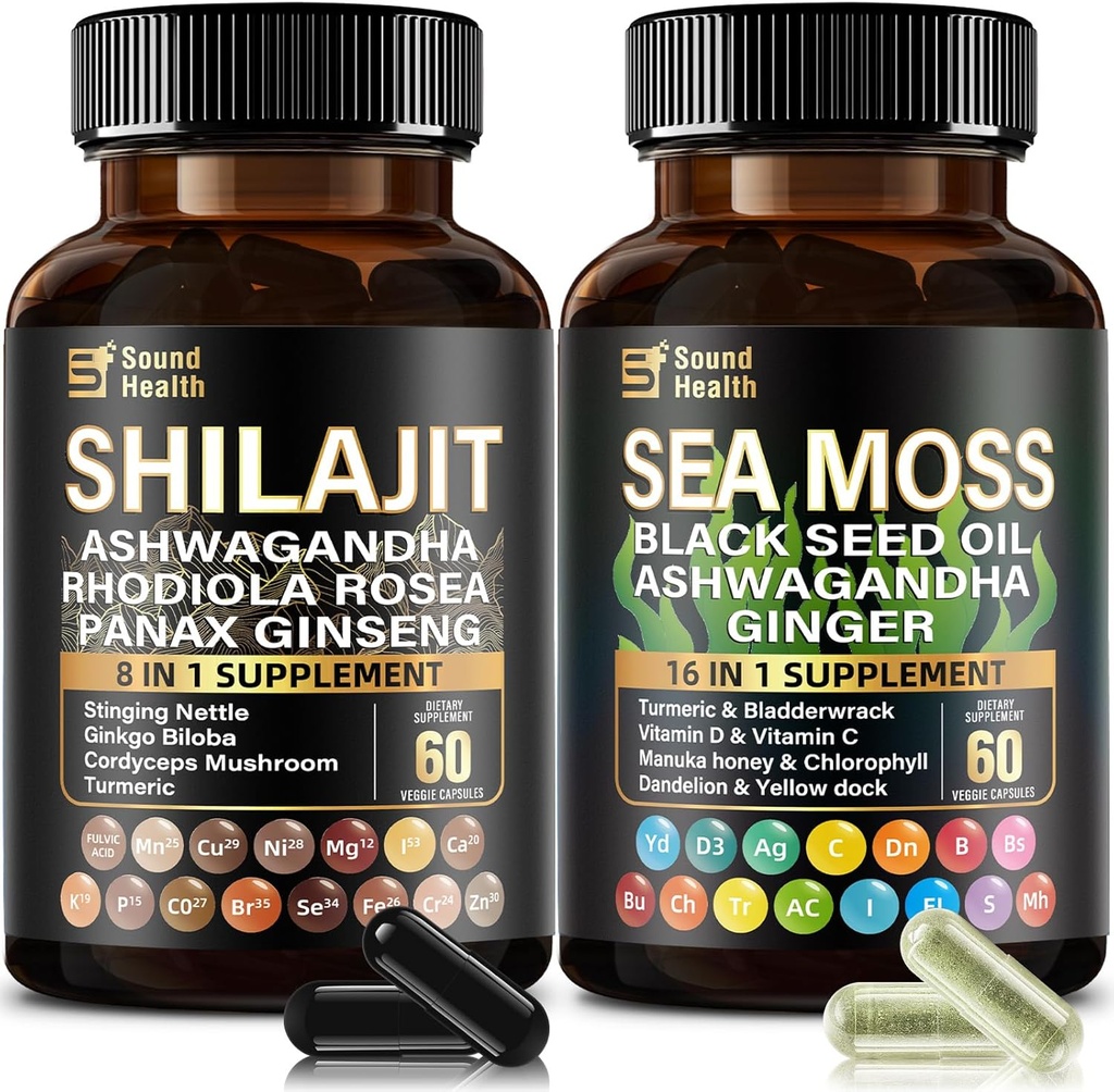 SoundHealth Irish Sea Moss & Shilajit Capulse Bundle για άνδρες και γυναίκες, τρίτο μέρος δοκιμαστεί, μη GMO, εύκολο-Swallow & Vegan 120 κάψουλες