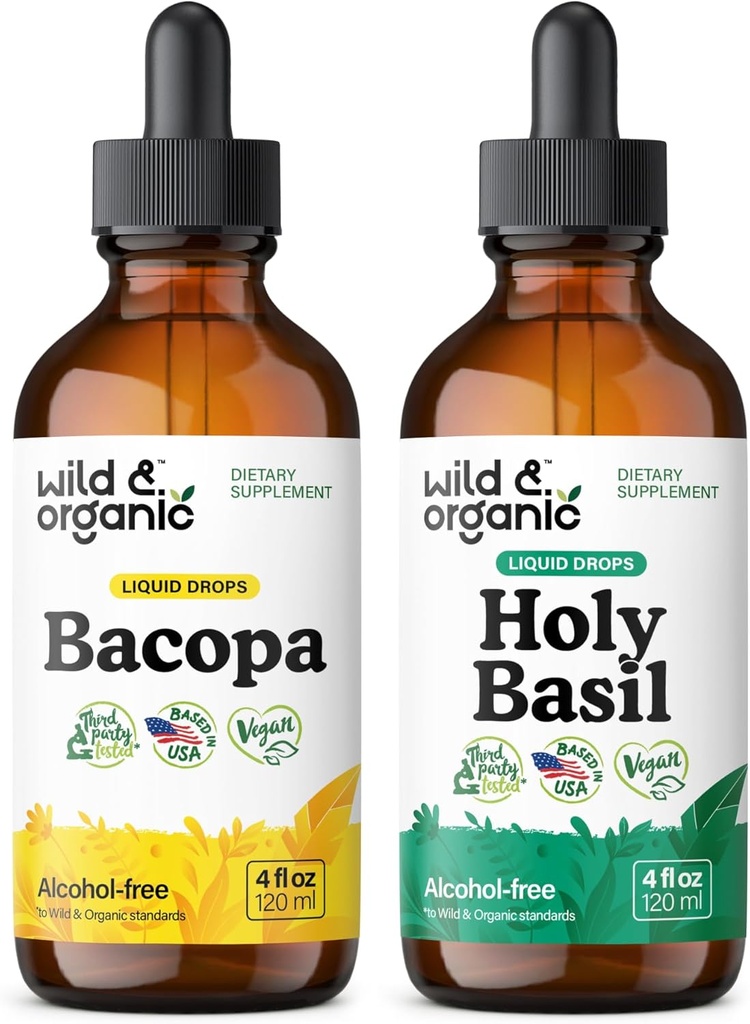 Wild & Organic Bacopa Tincture 4 fl oz & Holy Basil Tincture 4 fl oz