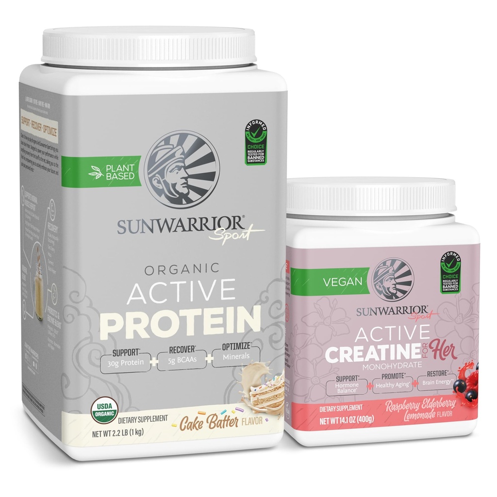 Sunwarrior Vegan Protein Powder USDA Organic | 20 Servings, Cake Batter Flavored & Creatine Monohydrate Powder for Her | Micronized 50 Servings, Raspberry Lemonade Flavored