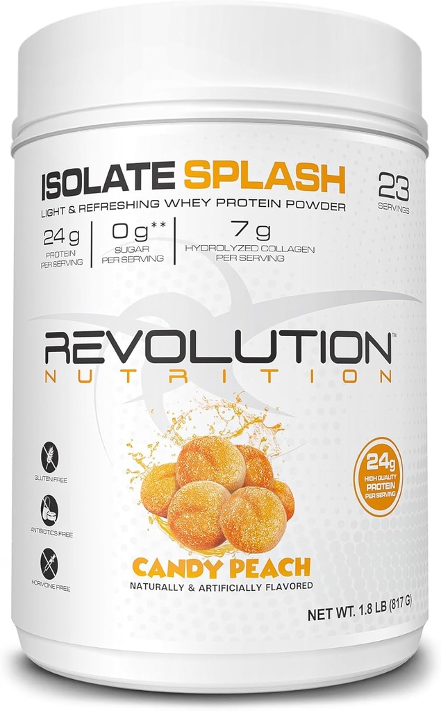 Revolution Nutrition, Isolate Splash, Clear Whey Protein Powder, Juice-Type Protein, Candy Flavour, Collagen, 24g Protein Per Scoop, Zero Sugar, 817g, 23 Servings (Candy Peach, 1.8 Λίβρα)