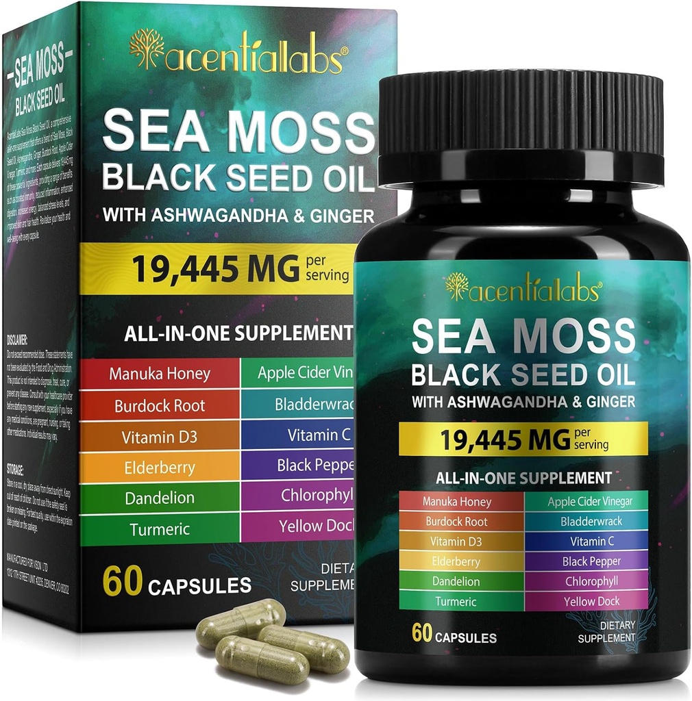 Sea Moss Black Seed Oil Κάψουλες, Ashwagandha Ginger καψάκιο με βιταμίνη C D3, Multi Blend συμπλήρωμα διατροφής για την ασυλία, Digestive, την ενέργεια, το δέρμα & τα μαλλιά, Black Seed Oil Moss κάψουλες, 60P