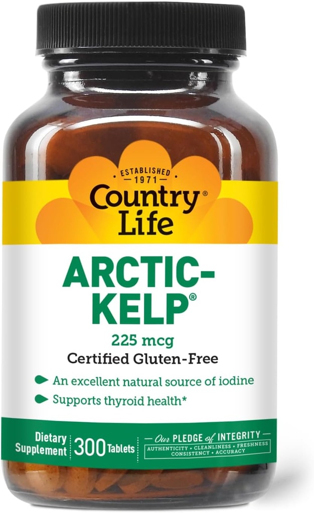 Country Life Arctic- Kelp – Φυσικό συμπλήρωμα ιωδίου για την υποστήριξη του θυρεοειδούς και του ανοσοποιητικού – Vegan, Gluten-free, 225 mcg – Ιδανικό για την υγεία του θυρεοειδούς, τον υποθυρεοειδισμό και την υποστήριξη του επινεφριδίου, 300 δισκία