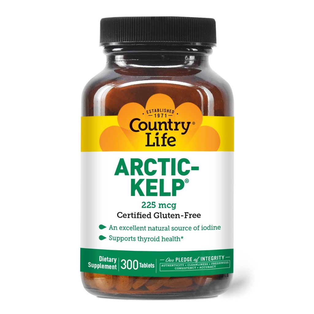Country Life Arctic- Kelp – Φυσικό συμπλήρωμα ιωδίου για την υποστήριξη του θυρεοειδούς και του ανοσοποιητικού – Vegan, Gluten-free, 225 mcg – Ιδανικό για την υγεία του θυρεοειδούς, τον υποθυρεοειδισμό και την υποστήριξη του επινεφριδίου, 300 δισκία