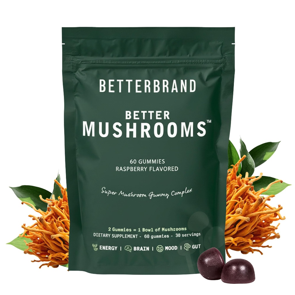 Betterbrand BetterMumrooms Nootropic Gummies - Υποστηρίζει καλύτερη υγεία ούρων, γνωστική λειτουργία, διανοητική σαφήνεια με 10 λειτουργικά μανιτάρια - 60 Gummies - Raspberry Flavor - Συσκευασία του 1