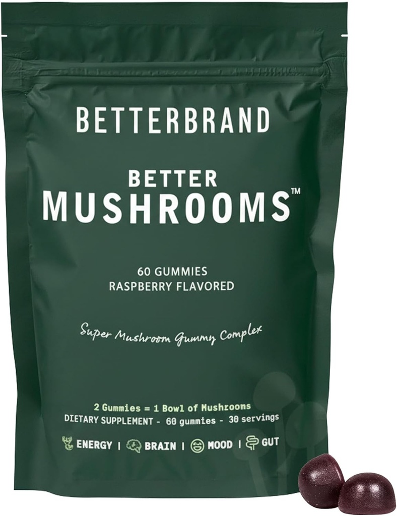 Betterbrand BetterMumrooms Nootropic Gummies - Υποστηρίζει καλύτερη υγεία ούρων, γνωστική λειτουργία, διανοητική σαφήνεια με 10 λειτουργικά μανιτάρια - 60 Gummies - Raspberry Flavor - Συσκευασία του 1