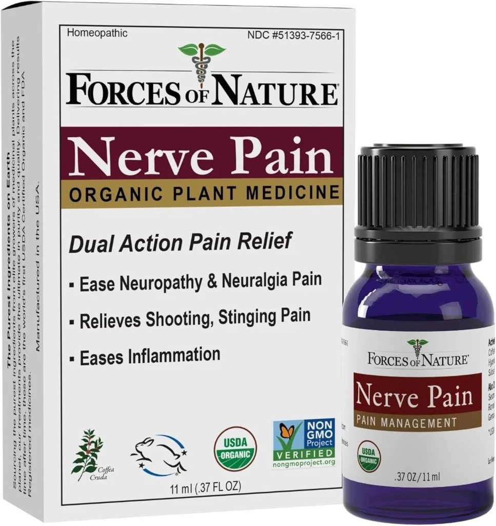 Forces of Nature Nerve Pain Management, Organic Topical Relief for Neuropathy & Nerve Discomfort, Homeopathic Medicine Supports Relief from Shooting Pains for Back, Hands, Legs and Feet, .37 fl oz