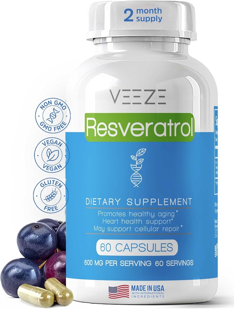 VEEZE Resveratrol συμπλήρωμα 600mg 60 κάψουλες & 60 σέρβις - Made in USA Natural & Organic Resveratrol - πλούσια σε αντιοξειδωτικά & Trans Resveratrol για την υποστήριξη Well-Being - Premium Organic Resveratrol