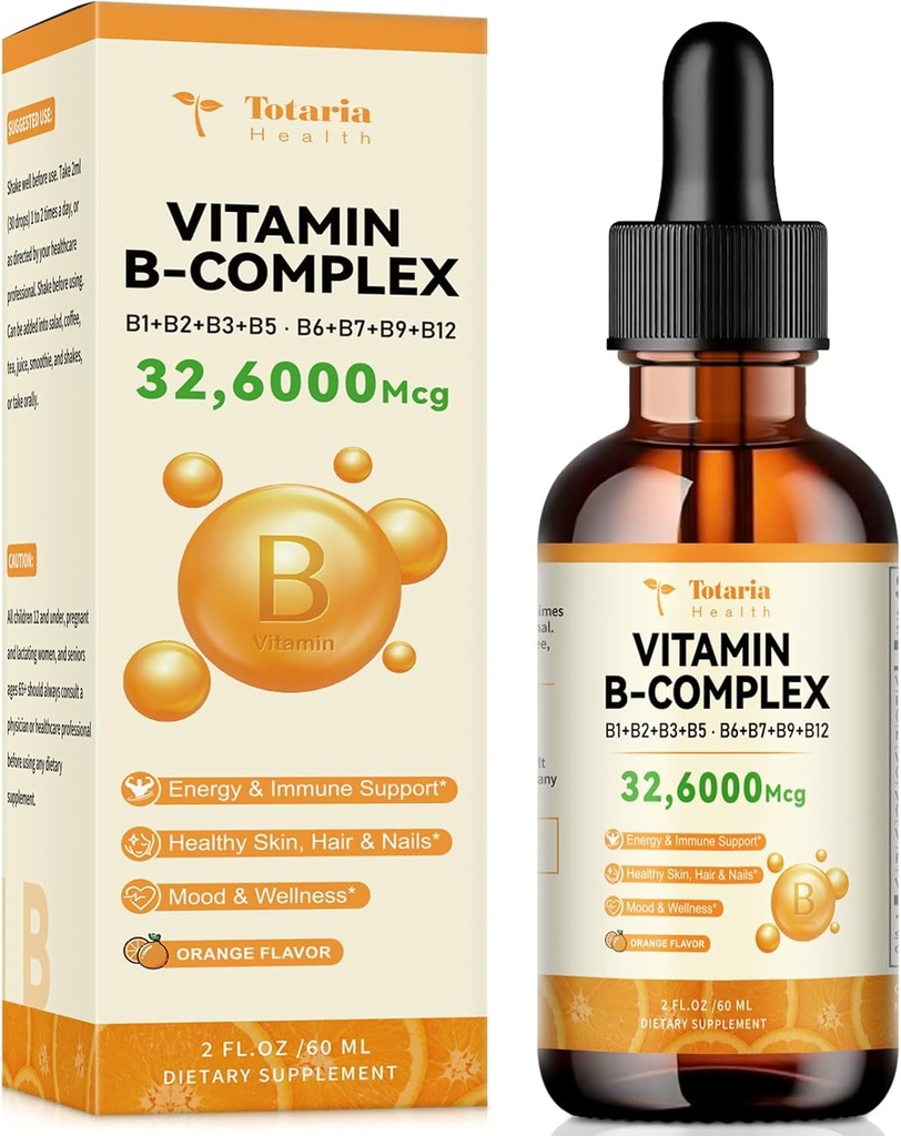 Vitamin B Complex Liquid with Vitamin B1 Thiamine, B2 Riboflavin, B3 Niacin, B5 Pantothenic Acid, B6 Pyridoxine, B7 Botin, B9 Folic, B12 Methylcobalamin for Energy, Immunity, Skin, Mood & Nerve