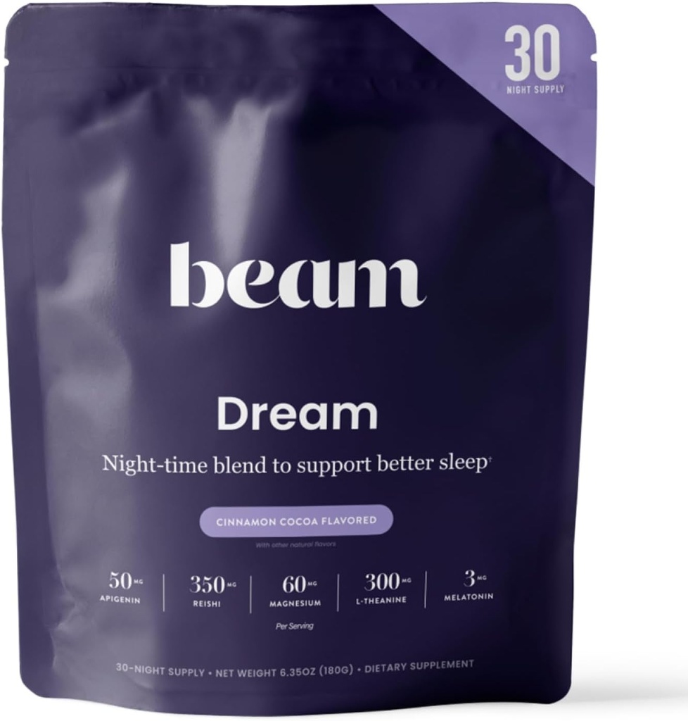 Beam Dream Sleep Powder, L-Theanine, Apigenin, Reishi and Magnesium, Third Party Tested Natural Sleep Aid & Sleep Supplement for Deep Sleep, Relaxation and Recovery, Natural Sleep Support, 30 Servings