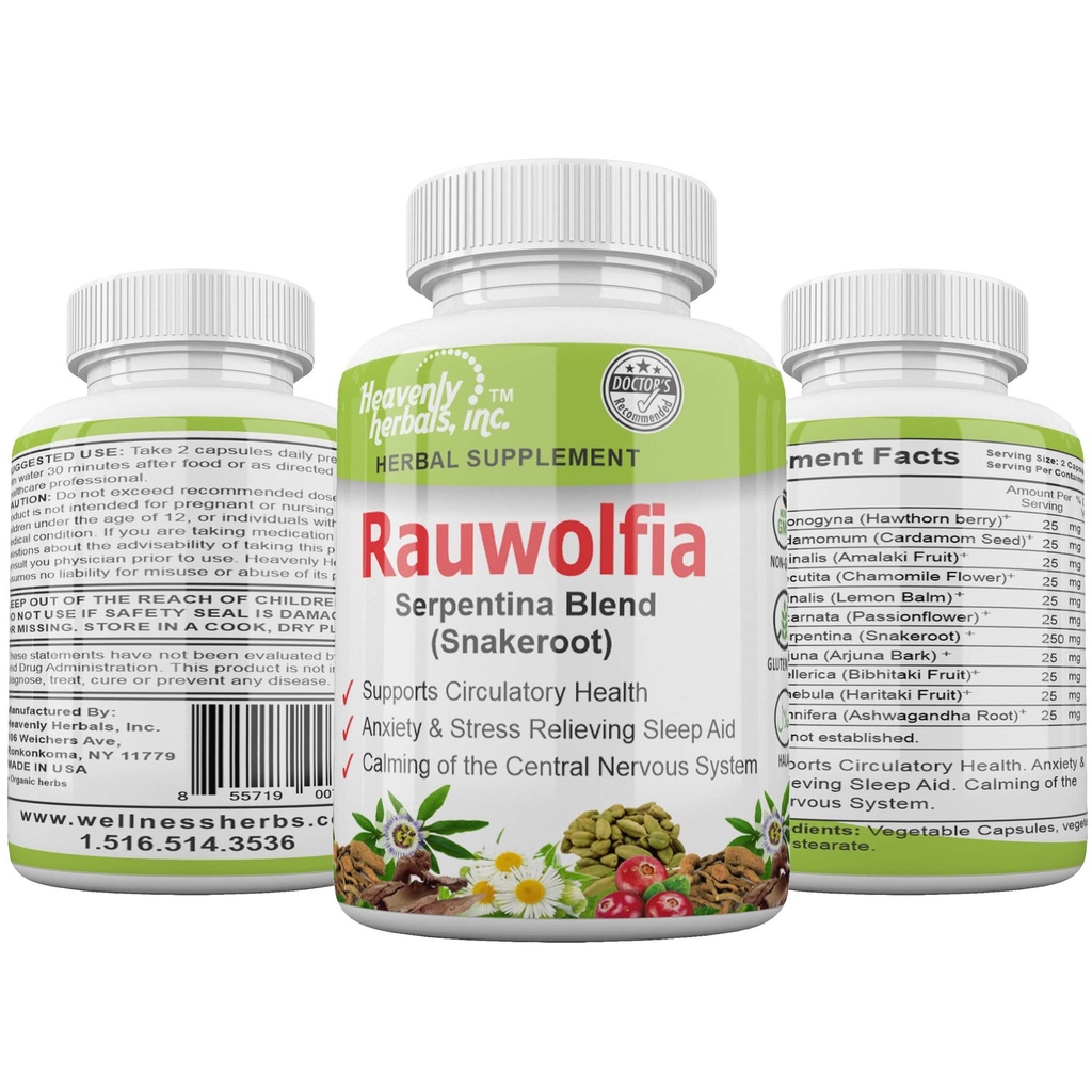 Rauwolfia Serpentina Blend (Snakeroot), 1000mg per Serving - Organic Herbal Supplement - Ayurvedic Herb & Natural Remedy -Supports Κυκλοφορική Υγεία, Καρδιαγγειακή Υγεία Aid 60 Ct.