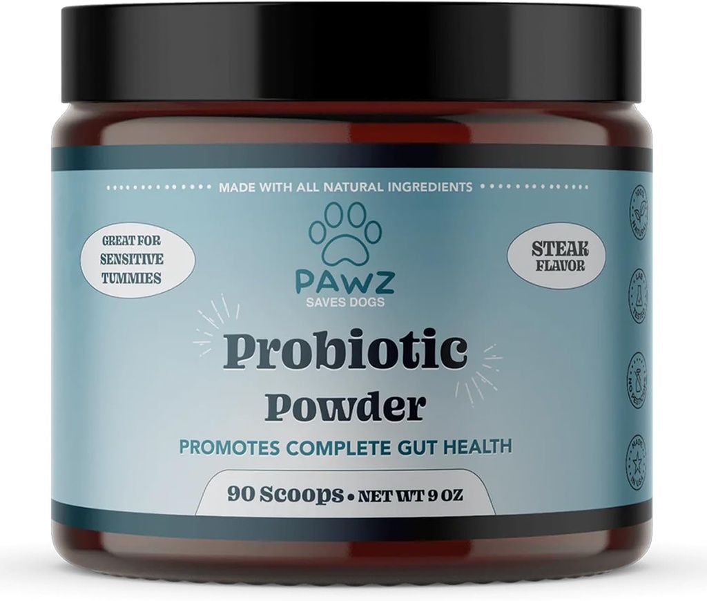 PAWZ Probiotic Powder for Dogs - 90 Scoops Steak Flavor - Προάγει την Υγεία και την Πέψη - Συμπληρώματα Προβιοτικών Υποστήριξη ανοσοποιητικού συστήματος & Δέρμα και Coat Health - Κατάλληλο για όλους τους τύπους Σκύλων