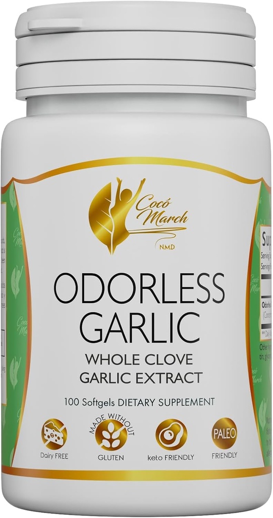 Cocó March N.M.D Odorless Σκόρδο Λάδι από ολόκληρο σκόρδο -Immune Υποστήριξη & Μικροβιομήχανο Υγεία. Φόρμουλα χωρίς γλουτένη και γαλακτοκομικά, Παλαιό και Κέτο Φιλικές, 50 εξυπηρετήσεις