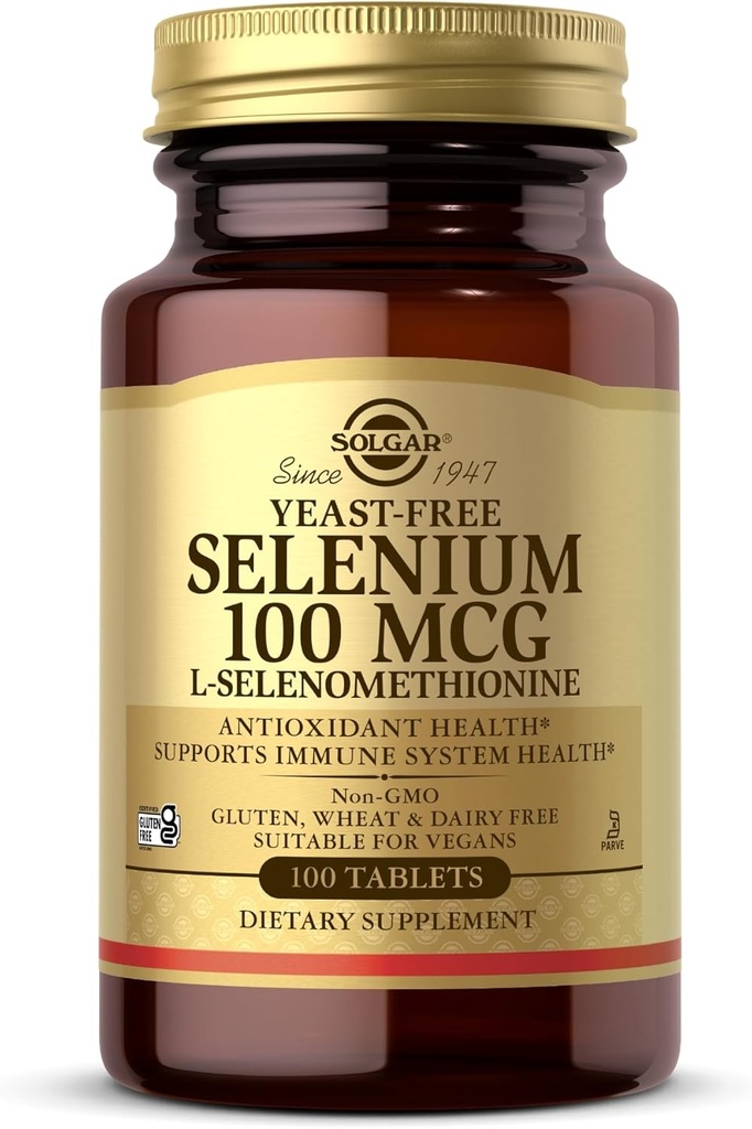 Solgar Yeast-free Σελήνιο 100 mcg - 100 δισκία - Υποστηρίζει Αντιοξειδωτικό & ανοσοποιητικό σύστημα Υγεία - Μη ΓΤΟ, Χωρίς γλουτένη, Χωρίς γαλακτοκομικά, Kosher - 100 σερβιέτες