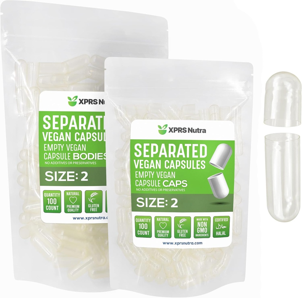 XPRS Nutra Vegan Μέγεθος 2 χωριστές κάψουλες - 100 Count Premium Κενές κάψουλες χωρίζονται σε τσάντες - Καθαρίστε άδεια χάπια για συμπλήρωση συμπληρώματος DIY
