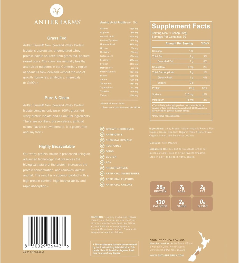 Αγροκτήματα μυρμηγκιών - 100% χόρτο Fed Νέα Ζηλανδία πρωτεΐνη Whey Isolate, φυστικοβούτυρο σοκολάτα Γεύση, 2 lbs - καθαρό και καθαρό, 7 συστατικά, κρύο επεξεργασμένο