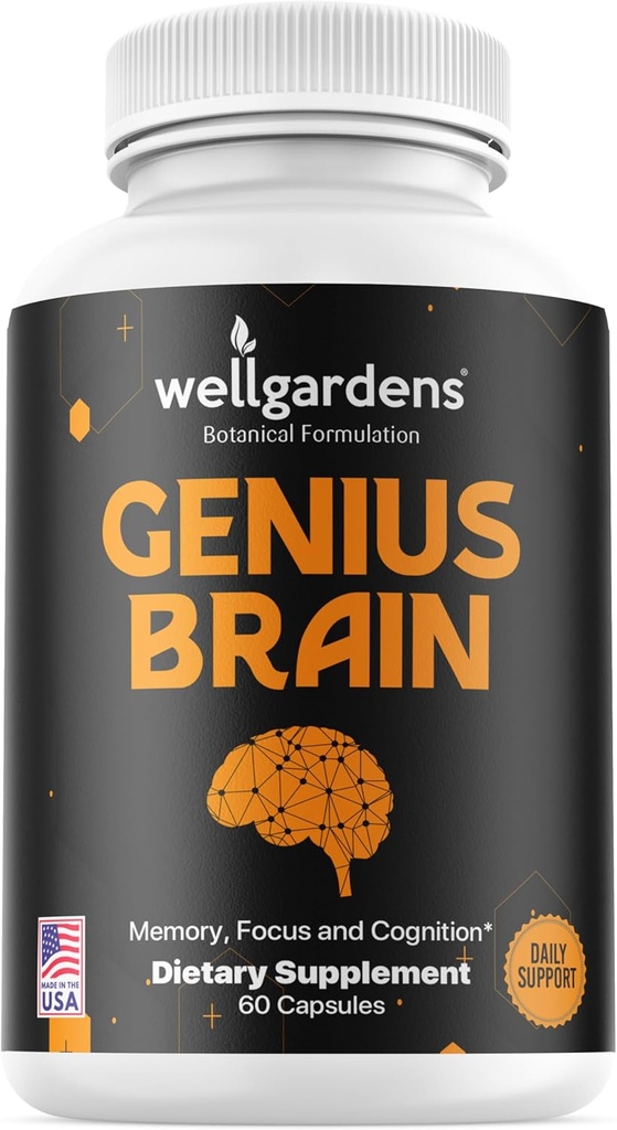 100% Pure Brain Supplements for Memory, Focus and Cognition - Daily Support for Mental Clarity with Bacopa, Magnesium, Vitamins B6, Phosphatidylserine - Non-GMO, Gluten Free