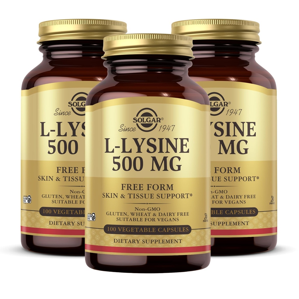 Solgar L-Lysine 500 mg - 100 κάψουλες λαχανικών, Συσκευασία 3 - Υποστήριξη δέρματος & ιστού - Μη ΓΤΟ, Vegan, Kosher, Χωρίς γλουτένη - 300 Σύνολο Σερβιρίσματος