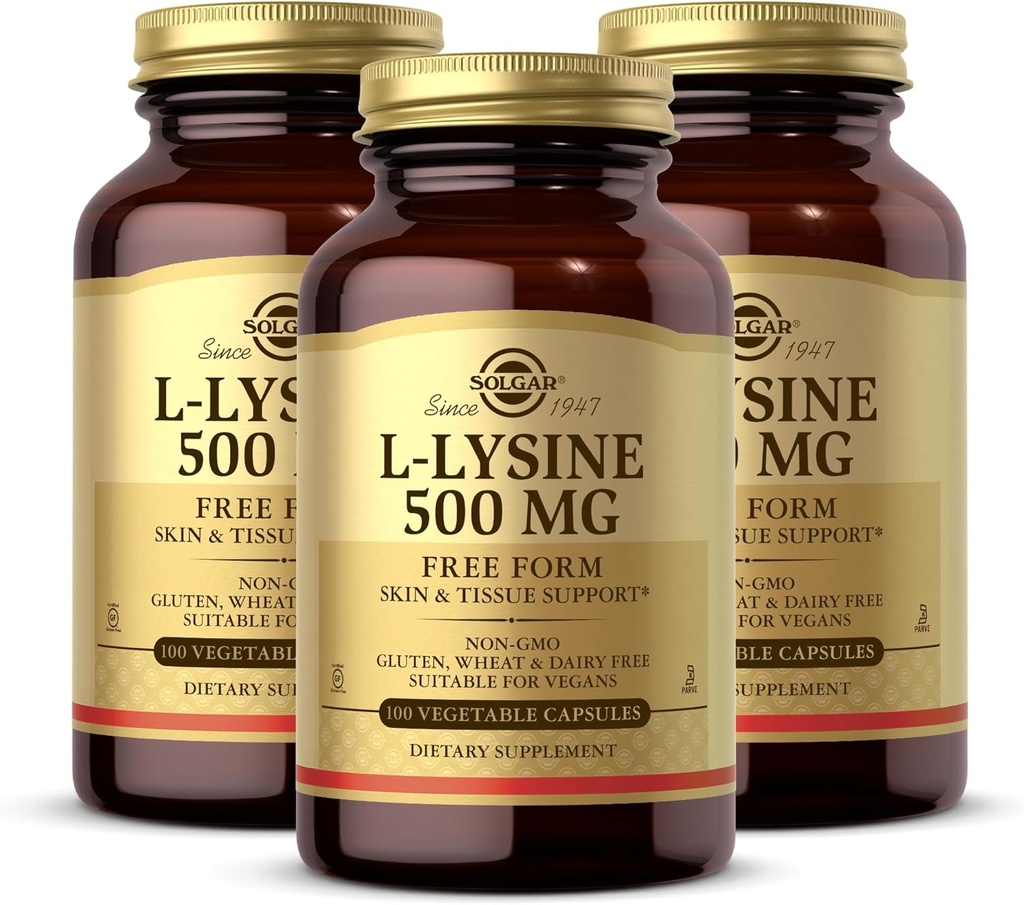 Solgar L-Lysine 500 mg - 100 Vegetable Capsules, Pack of 3 - Skin & Tissue Support - Non-GMO, Vegan, Kosher, Gluten Free - 300 Total Servings