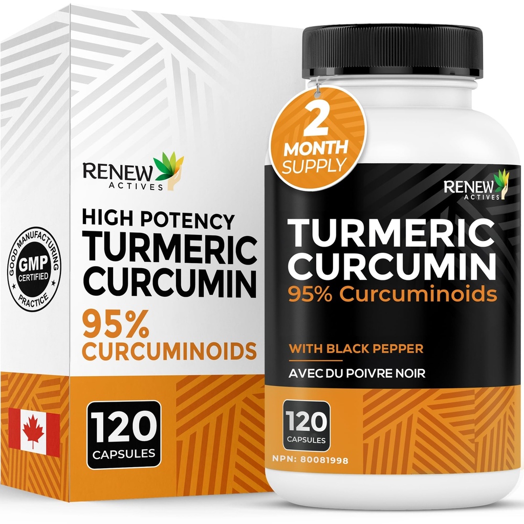 Renew Actives Turmeric Curcumin with Black Pepper – 600MG Turmeric Root, 100MG Curcuminoids ανά 2 κάψουλες – Υποστηρίζει Digestion, Liver Health, Joint Relief & Mobility – Κατασκευάζεται στον Καναδά – 120 κάψουλες