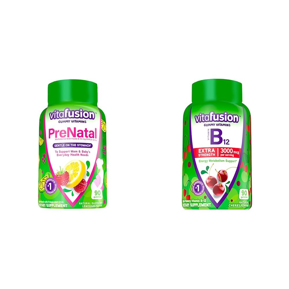 Vitafusion PreNatal Gummy Βιταμίνες, Βατόμουρο Λεμονάδα Γεύση, Εγκυμοσύνη Βιταμίνες για τις γυναίκες & Επιπλέον δύναμη Βιταμίνη Β12 Gummy Βιταμίνες για την υποστήριξη του μεταβολισμού ενέργειας