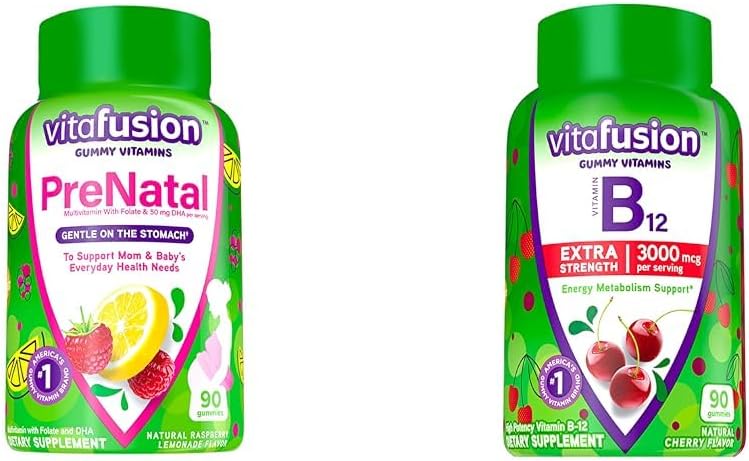 Vitafusion PreNatal Gummy Βιταμίνες, Βατόμουρο Λεμονάδα Γεύση, Εγκυμοσύνη Βιταμίνες για τις γυναίκες & Επιπλέον δύναμη Βιταμίνη Β12 Gummy Βιταμίνες για την υποστήριξη του μεταβολισμού ενέργειας