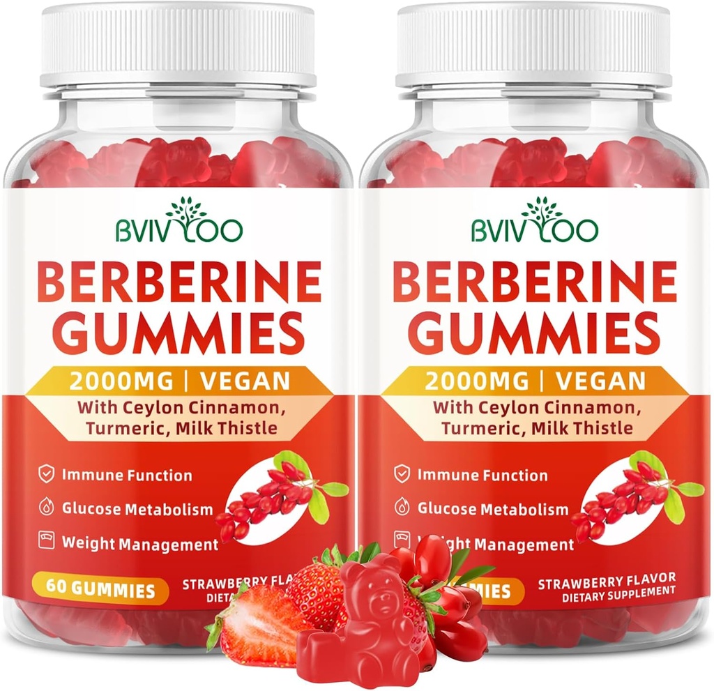 2 Packs Berberine Gummies,Sugar Free 2000mg High Potency Berberine HCI Supplement, Plus Ceylon Cinnamon, Milk Thistle for Women & Men, Immune System & Metabolism Support - 120 Gummies