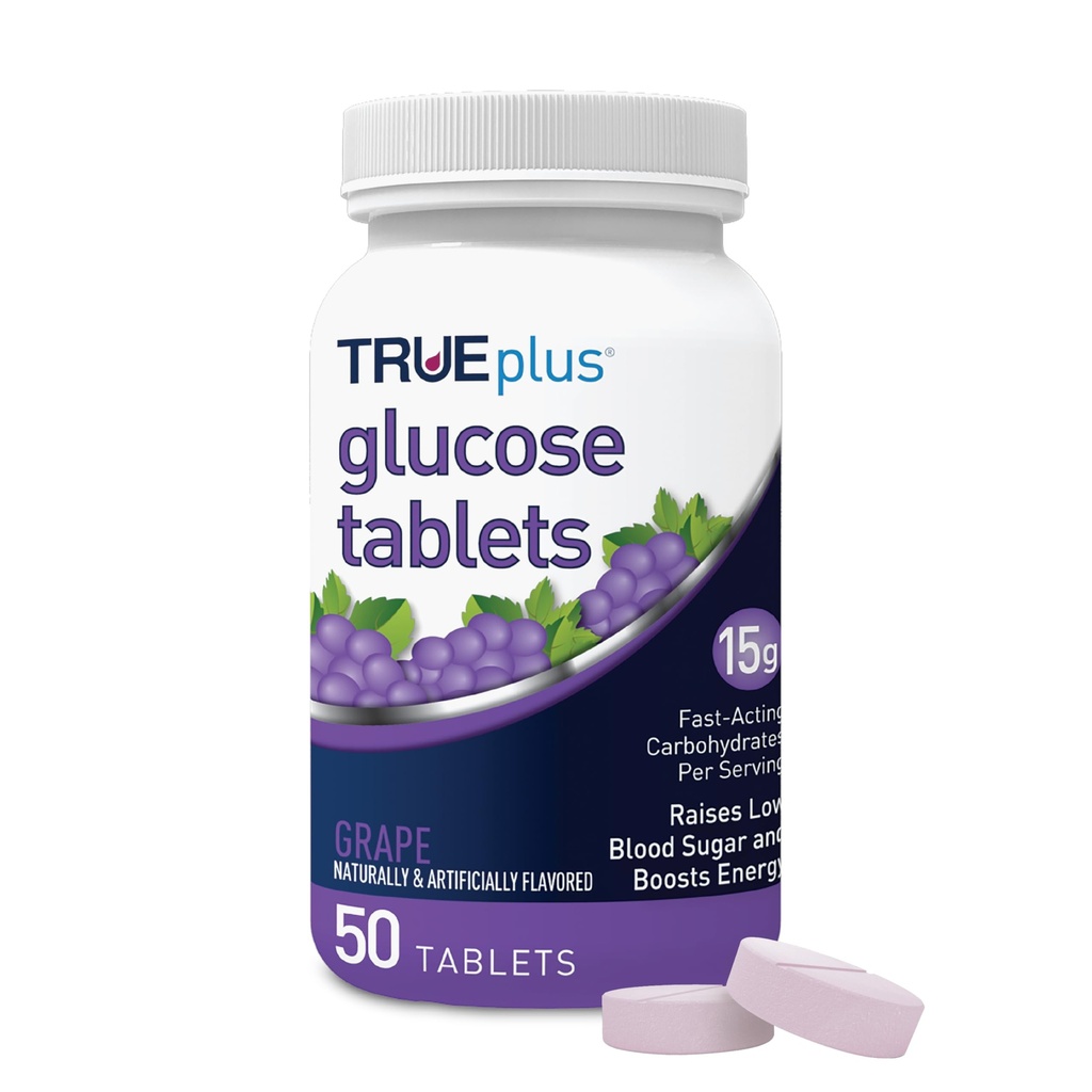 TRUEplus Glucose Tablets, Chewable, Grape Flavor, 15g Fast-Acting Carbohydrates, Fat Free, Gluten Free, Boost Energy, 50 Count