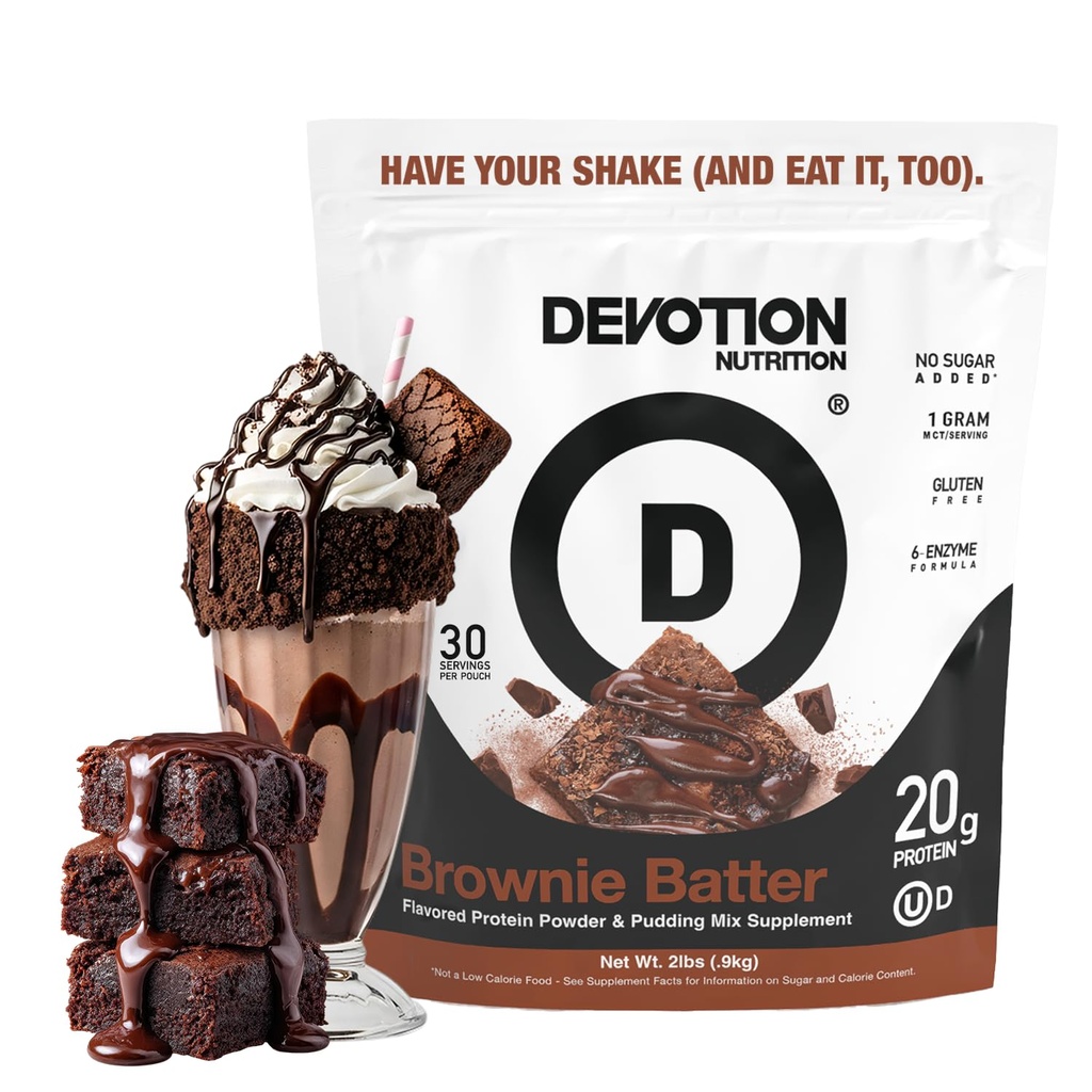 Devotion Διατροφή πρωτεΐνη σκόνη Brownie Batter – 20g Whey Isolate & συμπύκνωση πρωτεΐνης καζεΐνης – Όχι προστιθέμενη ζάχαρη, χαμηλή υδατάνθρακες, χωρίς γλουτένη, Keto-Friendly, 1g MCT, Kosher – 2lb πουγκί