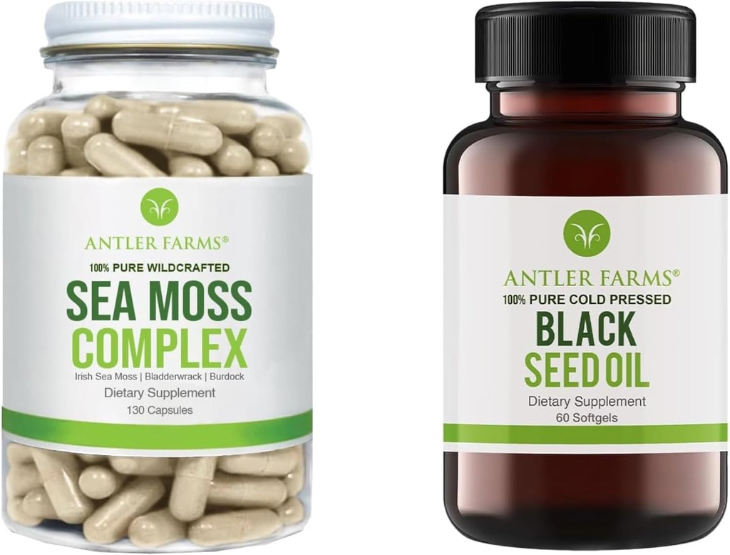 Αγροκτήματα Antler – 100% Pure Sea Moss Complex & Black Seed Oil Bundle, Wildcrafted Irish Sea Moss & Turkish Black Cumin Nigella Sativa Seed Oil