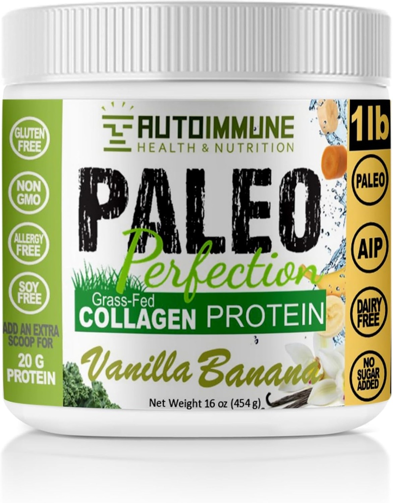 Paleo Perfection Vanilla Banana Grass Fed Beef Collagegen Protein Powder with Stevia - Παλαιό, Κέτο, SCD, AIP Protein Powder with Apple Fiber, Carrot & Broccoli - 1lb Protein Powder & Superfood Blend