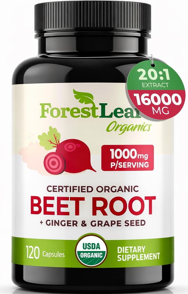 ForestLeaf Organic Beet Root Capses - Beetroot Supplement 16000mg Strength 20:1 Extract Pills w/Ginger Grape Seed 