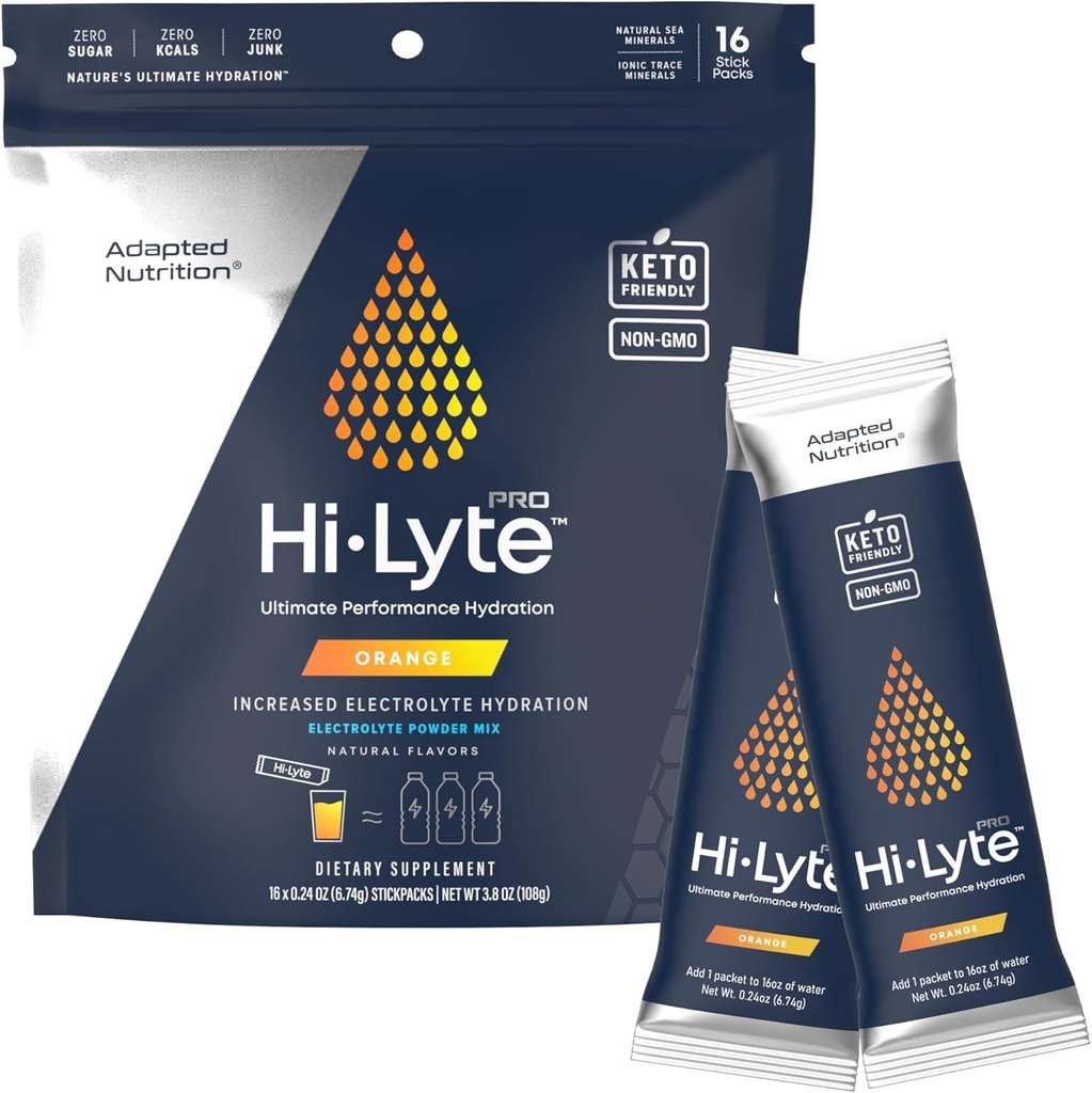 Adapted Nutrition Hi-Lyte Pro Hydration Packets - 16 Individual Drink Packets | Orange | Flavored Electrolyte Powder | Sugar-Free, Zero Carb, Zero Calorie